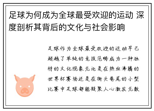 足球为何成为全球最受欢迎的运动 深度剖析其背后的文化与社会影响