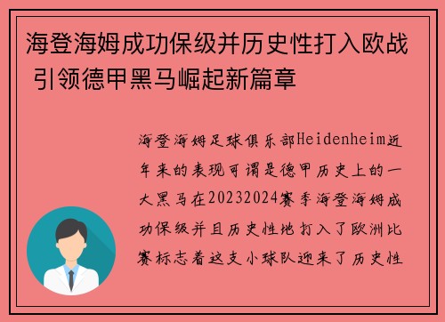 海登海姆成功保级并历史性打入欧战 引领德甲黑马崛起新篇章